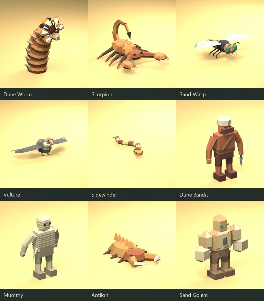 The Oasis monsters as 3D models: Dune Worm, scorpion, sand wasp, vulture, sidewinder, dune bandit, mummy, antlion and sand golem